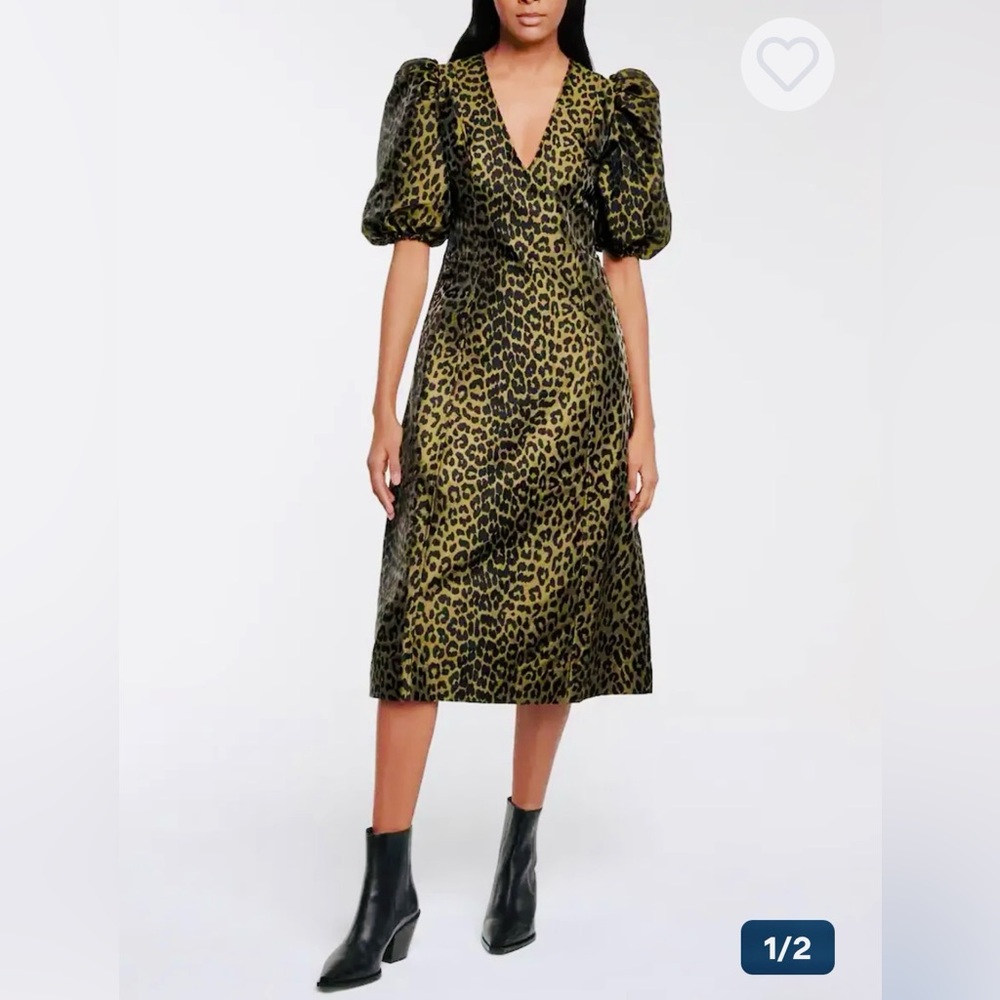 GANNI PUFF SLEEVE LEOPARD JACQUARD MIDI DRESS SIZE 38